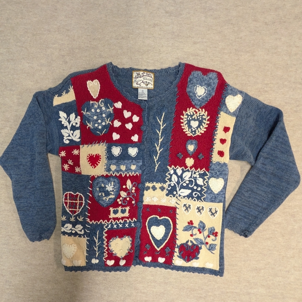 Patchwork Heart Blue Cardigan Vintage Sweetheart Red & Cream Knit Oversize Small